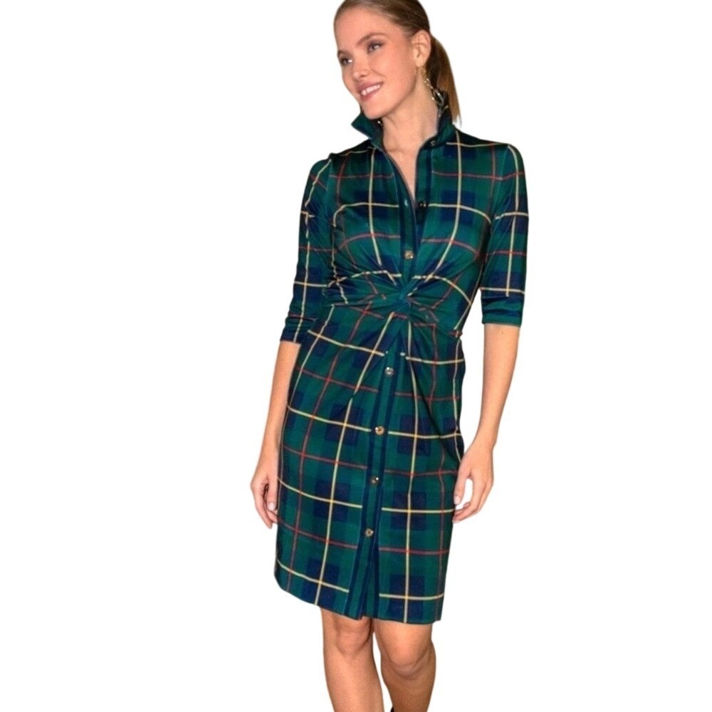 Gretchen Scott Twist & Shout Dress 3/4 Sleeve Middleton Plaid Green Womens Sz M